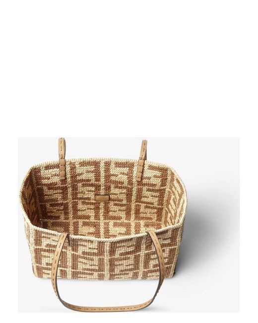 トートバッグ FENDI Embroidered Straw Small Roll Shopping Bag Fendi Embroidered Straw Small Roll Shopping Bag in Brown | Lyst