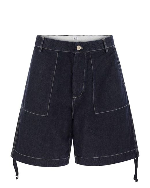 C P Company Blue Cotton Denim Shorts for men
