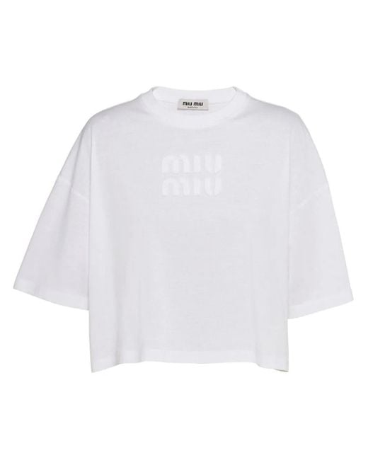 Miu Miu White Women Cropped Jersey T-shirt