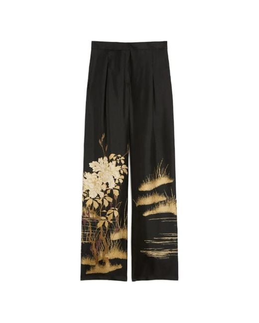 Max Mara Black Fluid Printed Silk Trousers