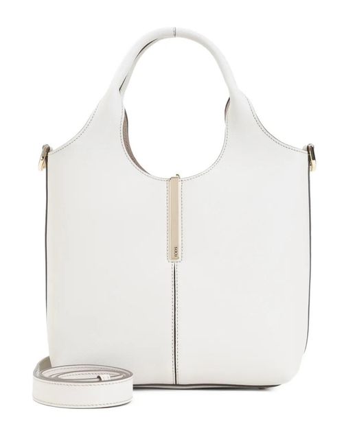 Tod's White Leather Mini Tote Bag With Branded Metal Bar Accessory