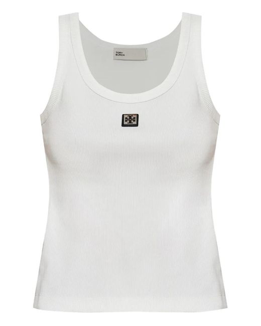 Tory Burch White Sleeveless Top With Round Neck And Logo Embroidery On The Front