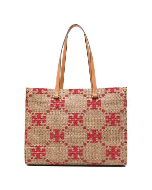 T Monogram Straw Tote di Tory Burch in Pink