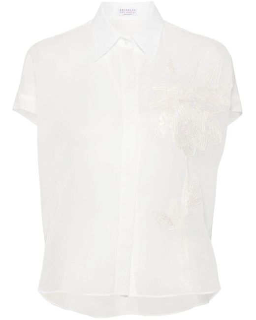 Brunello Cucinelli White Floral Embroidery Shirt