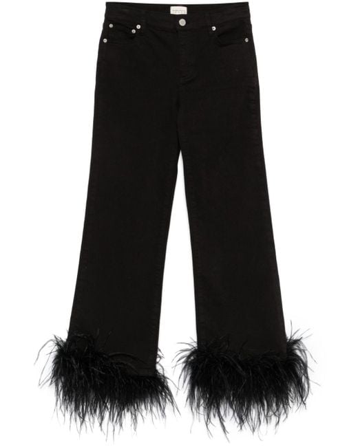 Alice + Olivia Black Roxie Feather-Trimmed Straight-Leg Jeans