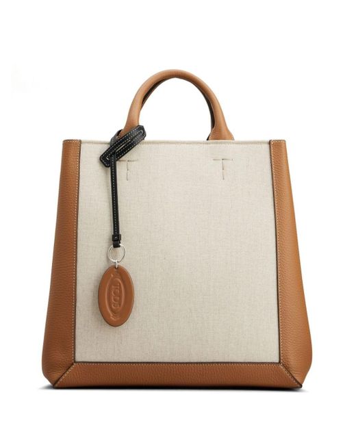 Tod's Natural Double Up Shopping Bag In Leather And Canvas Small