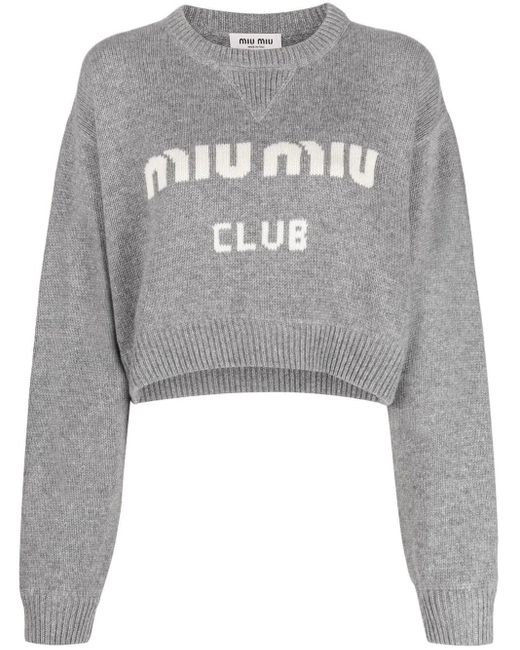Miu Miu Gray Logo Print Cashmere Cropped Jumper