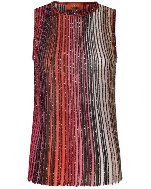 Missoni Red Partial Striped Sleeveless Top With Sequins