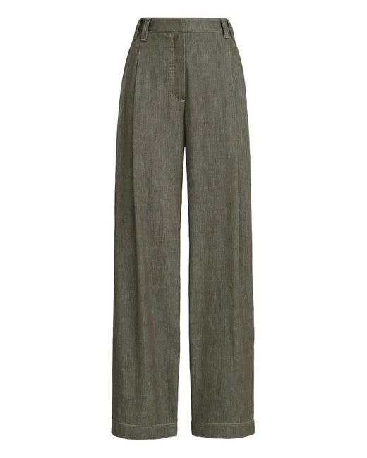 Brunello Cucinelli Green Denim-Effect Pleated Trousers