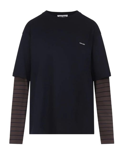 Miu Miu Blue Layered Striped-Sleeve Top