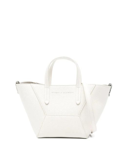 Brunello Cucinelli White Top-Handle Leather Tote Bag