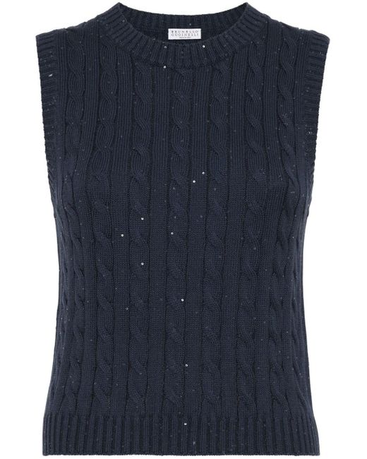 Brunello Cucinelli Blue Sequinned Cable-Knit Top