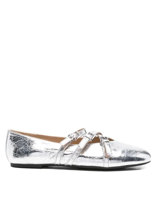 Michael Kors White Buckle-Strap Ballet Flats