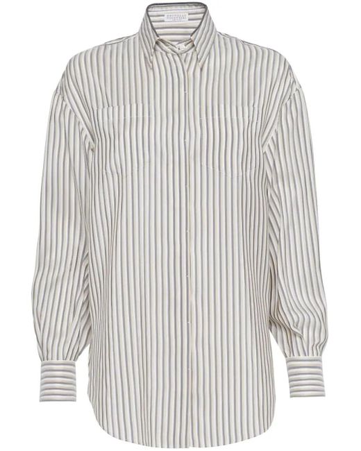 Brunello Cucinelli White Stripe-Print Silk Shirt