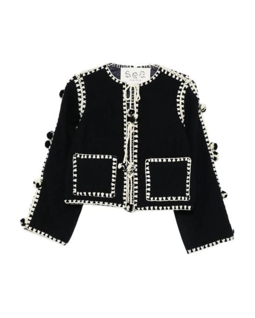 Sea Black Addison Crochet-Pompom Jacket