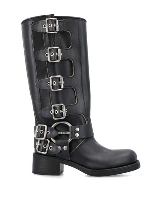 Miu Miu Black Buckled Knee-High Leather Boots