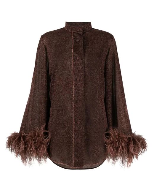 Oseree Brown Feather-trim Detail Blouse