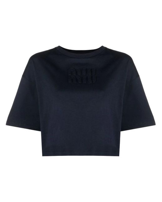 Miu Miu Blue Logo-patch Cropped T-shirt