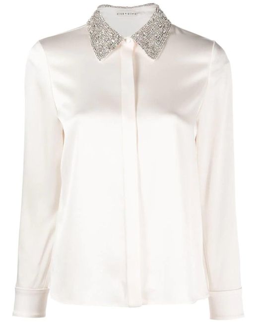 Alice + Olivia White Crystal-embellished Long-sleeved Shirt