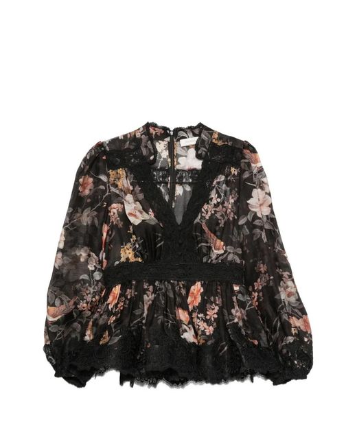 Zimmermann Black Blouse Carousel À Fleurs Et Bord En Dentelle