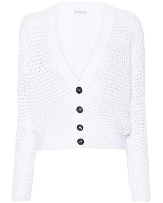 Brunello Cucinelli White Open-Knit Cardigan With Sequins