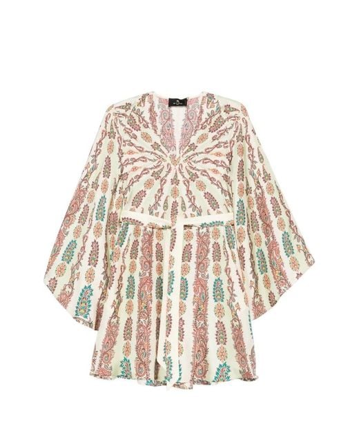 Etro Natural Cream Silk Mini Dress With All-Over Placed Floral Paisley Print With Belt