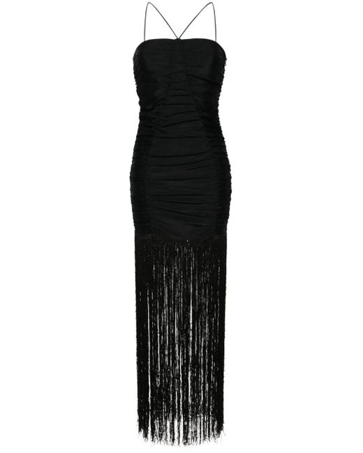 ROTATE BIRGER CHRISTENSEN Black Sequin-embellished Fringed Ruched Dress
