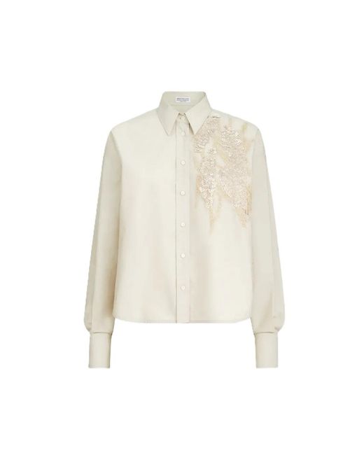 Brunello Cucinelli White Techno Cotton Poplin Shirt With Dazzling Seabed Embroidery