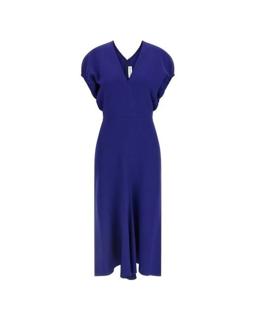 Victoria Beckham Blue V-Neck Banded Waist Dress