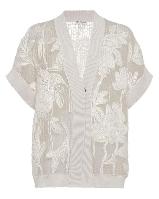 Cardigan Net Embroidery In Cotone Con Dazzling Magn di Brunello Cucinelli in White