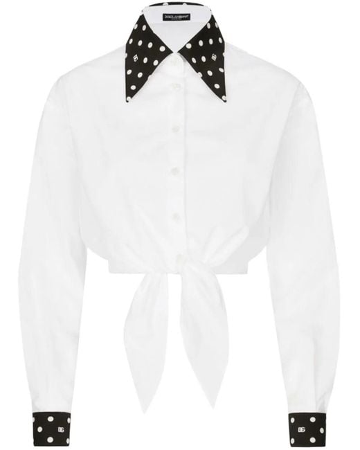 Dolce & Gabbana White Polka-Dot Print Cropped Shirt
