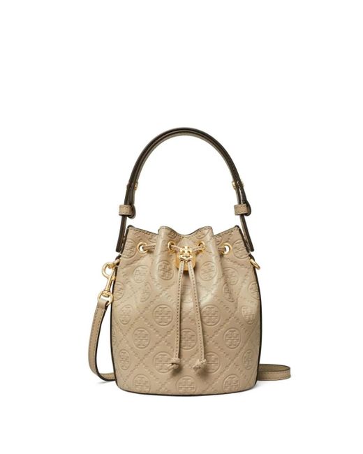 Tory Burch Metallic Mini T Monogram Leather Bucket Bag