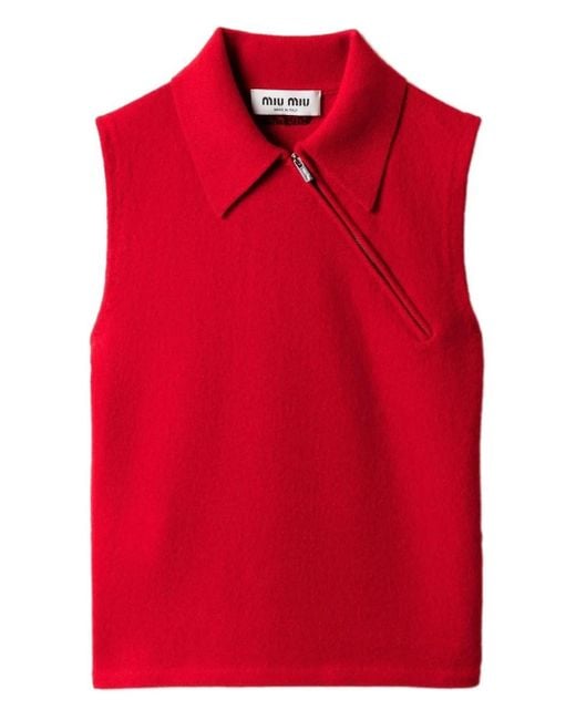Top Smanicato Con Zip E Colletto A Coste di Miu Miu in Red