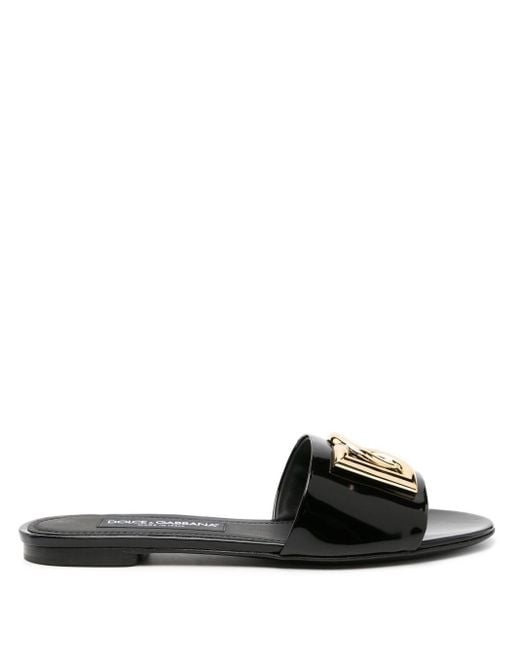 Dolce & Gabbana Black Logo Patent Slides Sandals