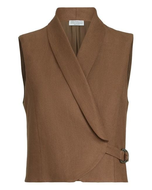 Brunello Cucinelli Brown Diagonal-Buckle Linen Gilet