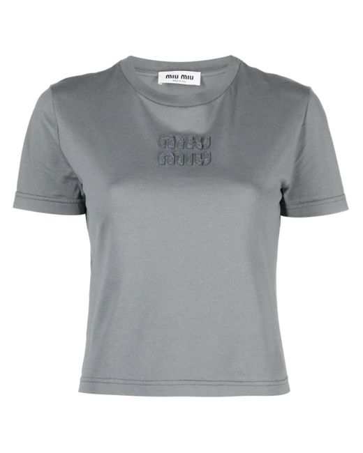 Miu Miu Gray Logo-embossed Cotton Cropped T-shirt