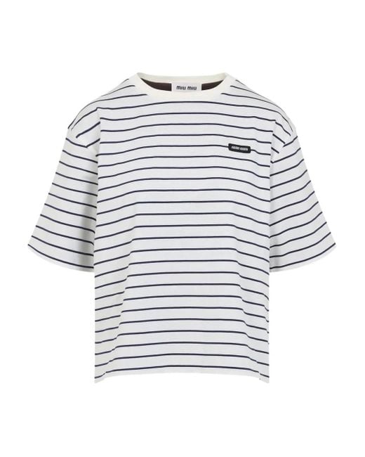 T-shirt a righe cacao/blu/bianco di Miu Miu in White