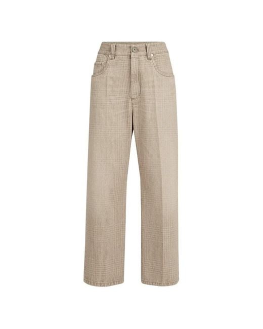Brunello Cucinelli Natural Prince Of Wales Denim Contemporary Square Trousers With Monili