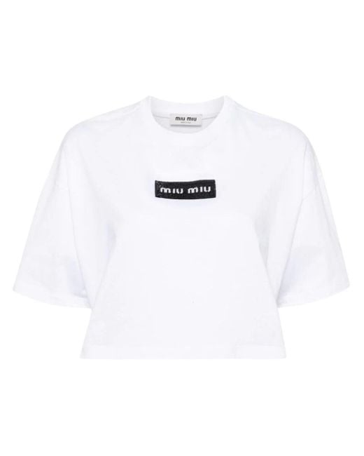 Miu Miu White Logo-embellished Cropped Cotton T-shirt