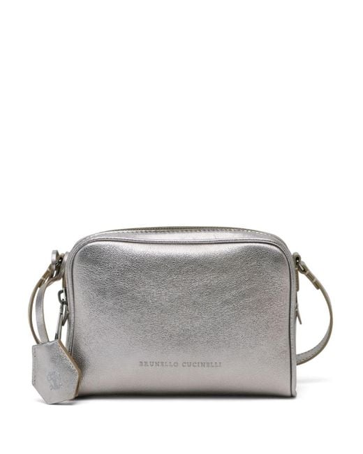 Brunello Cucinelli Gray Lamé Calfskin Boston Clutch Bag