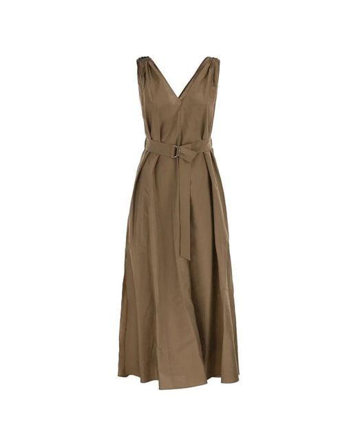 Brunello Cucinelli Natural Belted V-Neck Midi Dress