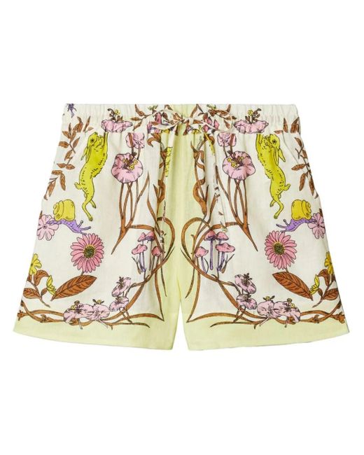 Tory Burch Metallic Floral-print Linen Shorts
