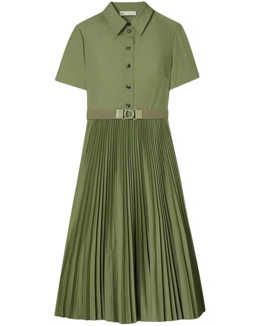 Tory Burch Green Popline Pleated Shirt Dress