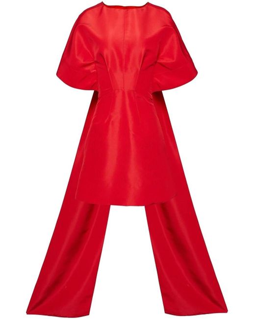 Carolina Herrera Red Asymmetric Wide-sleeve Silk Dress