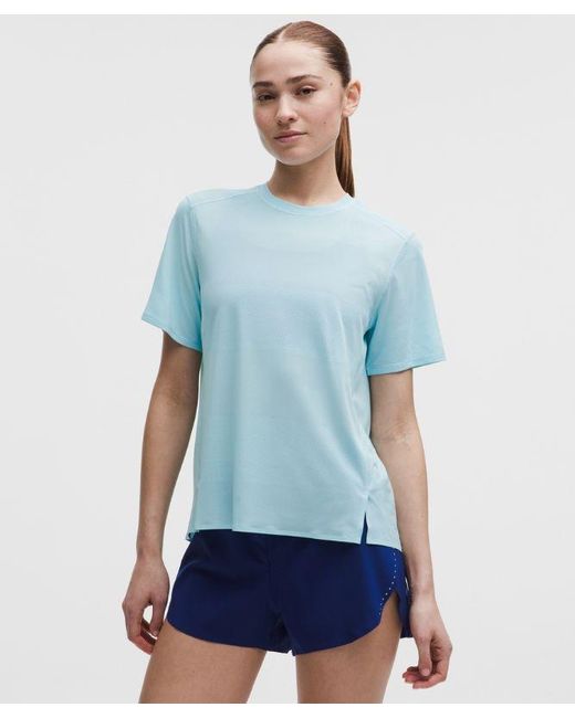 lululemon athletica Blue – Fast And Free Short-Sleeve Shirt Perforated Stripe – – Size Medium