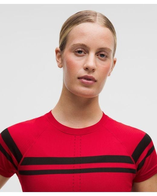 lululemon athletica Red – Swiftly Tech Cropped Short-Sleeve Shirt 2.4 Stripe – – Size 4