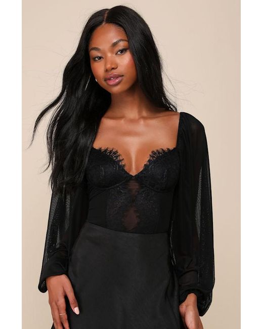 Lulus Black Instant Attraction Long Sleeve Lace Bustier Bodysuit