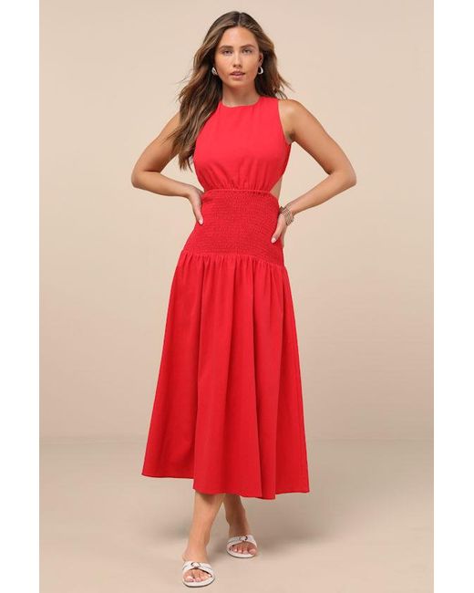 Lulus Red Melina Backless Drop Waist Midi Dress