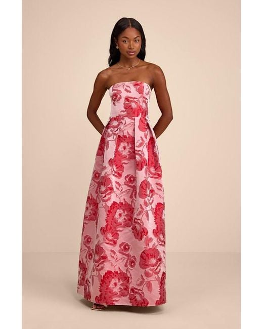 Lulus | Devil Wears Prada Red Elsa Floral Jacquard Strapless Maxi Dress