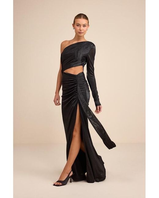 Lulus Black Demaria Slinky Knit Cutout One-Shoulder Mermaid Maxi Dress